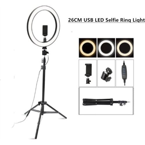 26cm USB LED Selfie Ring Light Photography Flash Lamp With Phone Holder For Makeup Youtube VK Tik Tok Video Dimmable Lighting