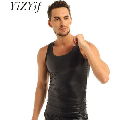 YiZYiF Sexy Mens Tank Tops Sleeveless PU Leather Undershirts T-shirts Clubwear Streetwear Latex Underwear Gay T Shirts Plus Size