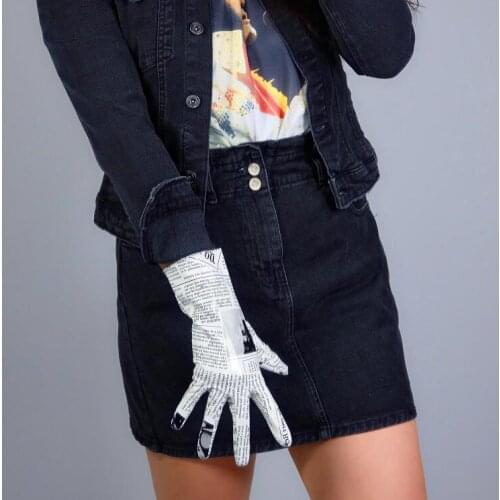 Womens runway fashion sexy slim newspaper print pu leather glove ladys club performance leather medium long glove 28cm R2743