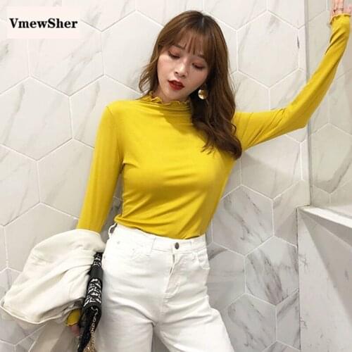 VmewSher New Spring Women Long Sleeve Blouse Half Neck Ruffles Solid Tees Fashion Female Pullover Basic Bottoming Shirt Tops