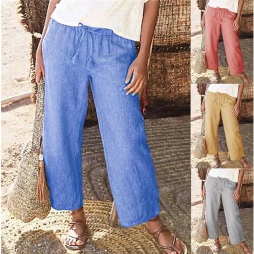 Womens solid color straight leg elastic waist cotton linen pants