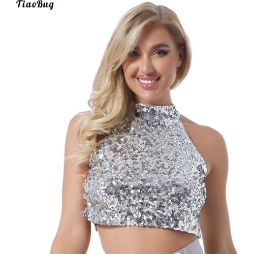 TiaoBug Women Sparkling Sequin Mock Neck Crop Top Ladies Fashion Glitter Sleeveless T-Shirt Clubwear Dance Costume Clothes