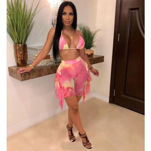 2 Pcs Women Bathing Suits Tie-dye Print Triangle Halter Bra + See-through Ruffle Splicing Mesh Pants