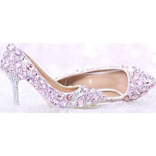 2018 Gorgeous Pointed Toe Thin Heel Wedding Party Shoes Pink Rhinestone Bridal Shoes Summer Crystal Sandals with Ankle Straps