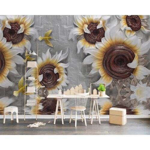 Beibehang European 3D Relief Three-dimensional Sunflower Flower Rich TV Background Living Room Bedroom wallpaper for walls 3 d