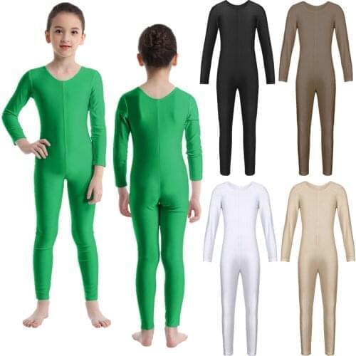 Girls Spandex Long Sleeves Bodysuit Childrens Ballet Gymnastics Leotard Jumpsuit Dancewear Kids Full Body Unitard Dance Costume