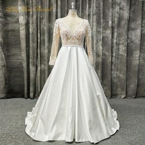 Two Tone Real Image A-line Wedding Dress V Neck Illusion Long Sleeves Beaded Lace Appliques Satin Bridal Gowns Open Back
