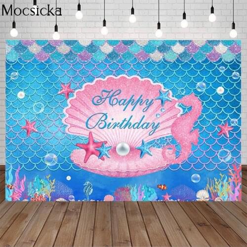 Mocsicka Mermaid Happy Birthday Backdrop Underwater World Shell Flash Photography Background Custom Name Child Portrait Studio