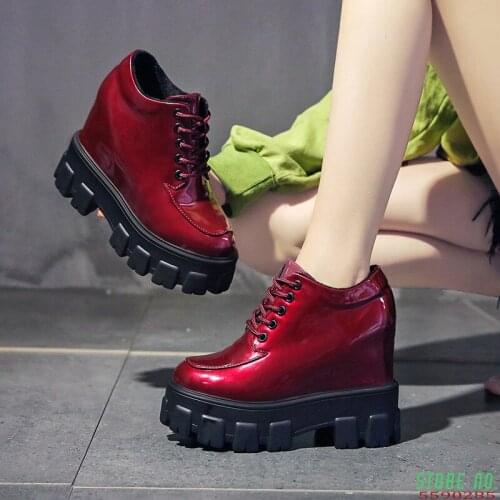 PU Leather Women Winter Shoes Casual Lace up Ankle Boot For Woman Super High Heels 12cm Wedges Shoes Women Winter Ankle Boots