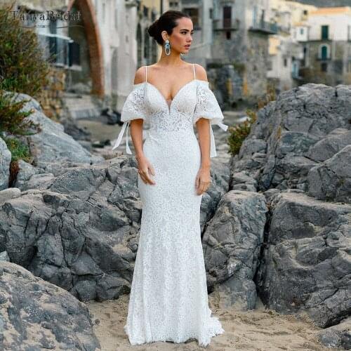 Mermaid Lace Wedding Dresses Puff Sleeve Bohemian Bridal Gowns V-Neck Stunning Vestido De Noivas DW544