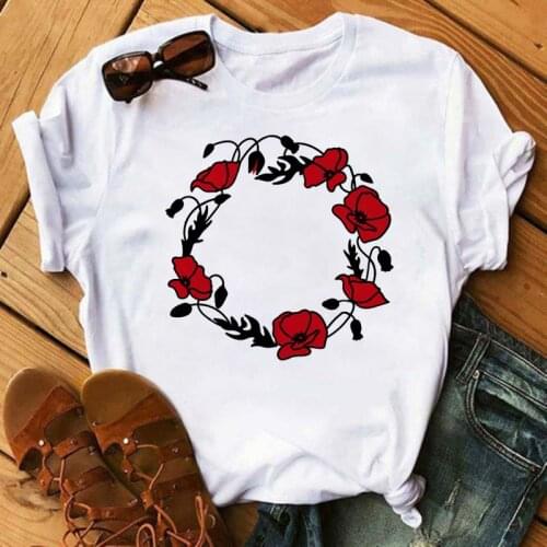 Summer Red Poppy Printed Women T-shirt Woman Harajuku Short-Sleeved O-Neck Tees Shirt Girl Summer Tee Top Femme Tshirts