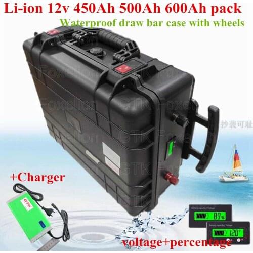 Li-ion 12v 600AH 450Ah 500Ah Lithium ion soalr power battery BMS RV inverter waterproof IP67 camper UPS boat motor + 20A charger