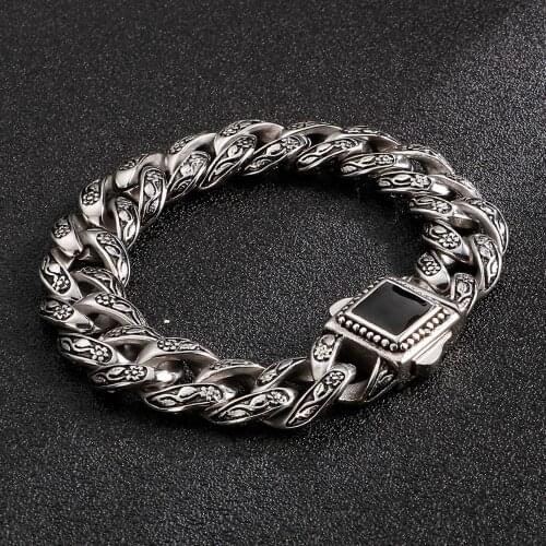 Gothic Style Curb Cuban Link Chain Men Bracelet Black Stainless Steel Vintage Charms Fashion Male Jewelry