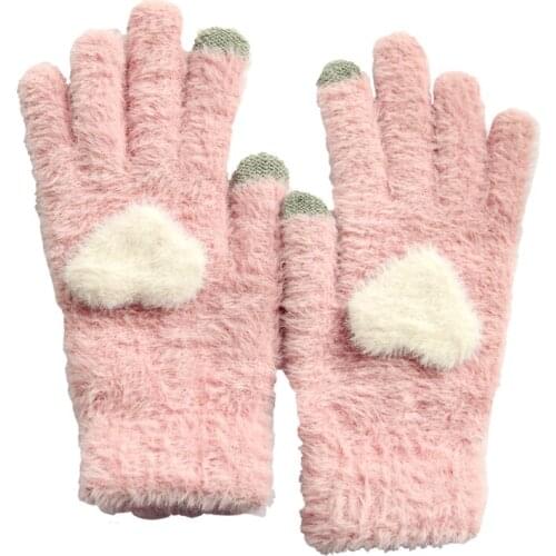Lovely cartoon Gloves Women 5 Fingers Glove Winter heart Thick Plush Ladies Glove for Girls Hand Warmer Gluves Adult Wrist