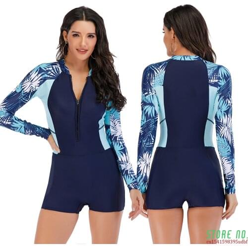 2021 Print Floral Rashguard One Piece Swimsuit Long Sleeve Swimwear Women Bathing Suit Retro Swimsuit Vintage Surfing Swim Suits