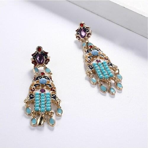 Retro Bohemian Light Blue Resin Beads Long Drop Earrings for Women Enamling Ethinc Pattern Tassel Dangle Earrings Wholesale