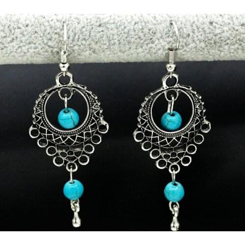 Vintage Silver Color Metal Blue Stone Drop Earrings for Women Ethnic Long Tassel Jhumka Earrings Boho Gypsy Tribal Jewelry