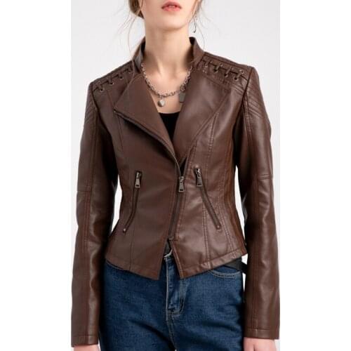 Women Autumn Winter Faux Leather Jacket Zipper Stand Collar Motorcycle Slim Coat Clothing Short Thin Ladies Motorcycle Suits