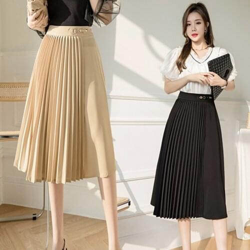 Black Pleated Midi Korean Fashion High-Waisted Vintage Spring Autumn Summer WomenS Clothing Skirts Vetement Femme 2021