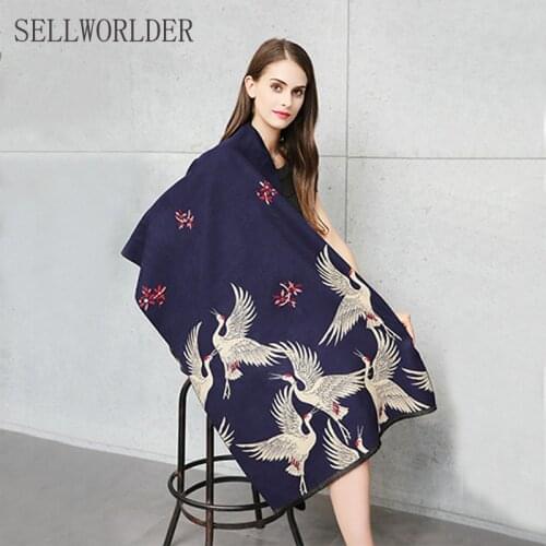 SELLWORLD Japanese kimono Style Crane Pattern Cashmere like Fashion Women Winter Wool Long Scarf 190cm*65cm