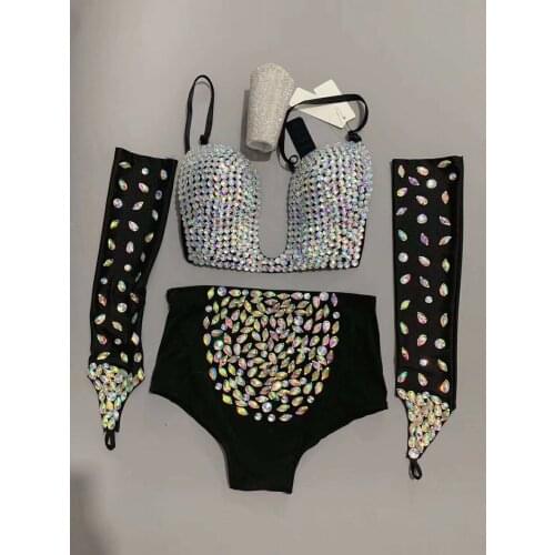 Dance Birthday Flashing Rhinestones Bikini Suit Women Costume Outfit Stage Performance Nightclub Show Bra Suits Set