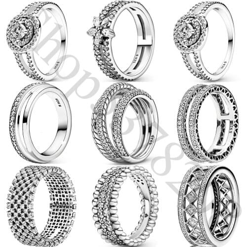 2021 925 Sterling Silver Beaded Triple Band Pavé Snake Chain Pattern Double Halo Fashion Ring For Pandora Women Gift DIY Jewelry