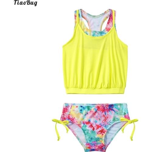 TiaoBug Summer 2Pcs Kids Girls Swimsuit Swimwear Round Neck Sleeveless Racer Back Vest With Briefs Beach Bathing Pool Tankini