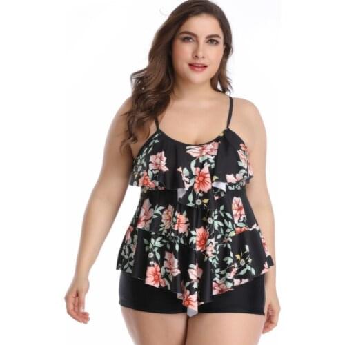 2021 Two Piece Swimwear Women Plus Size Tankini Swimsuits with Shorts Floral Print Beach Swim Wear Set Black Bathing Suit 3XL