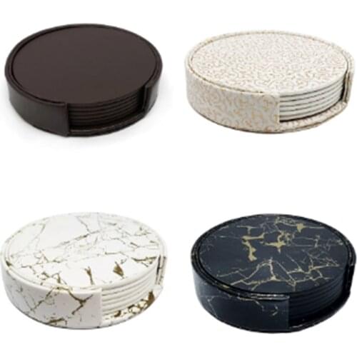 6PCS PU Leather Marble Coaster Drink Coffee Cup Mat Easy To Clean Placemats Table Pad Holder onderzetters Round Tea Pad Hot Sale