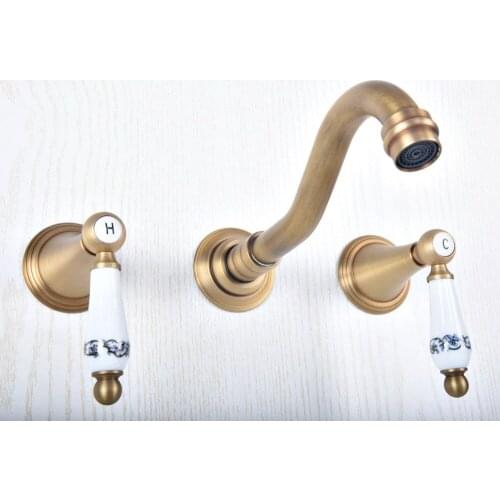 Antique Brass Double Handles Basin Mixer Faucet Tap Wall Mount 3 Hole Bathroom Hot Cold Water Tap
