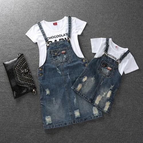 Family Look Mom Girls Denim Dress Hole Distressed Mom And Daughter Denim Strap Dresses Summer Casual Family Matching Clothing