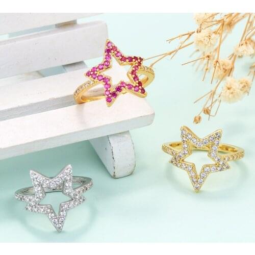 EYIKA Gold Silver Color Red White Zircon Star Women Ring Open Cuff Lady Finger Ring Wedding Engagement Adjustable Couple Jewelry