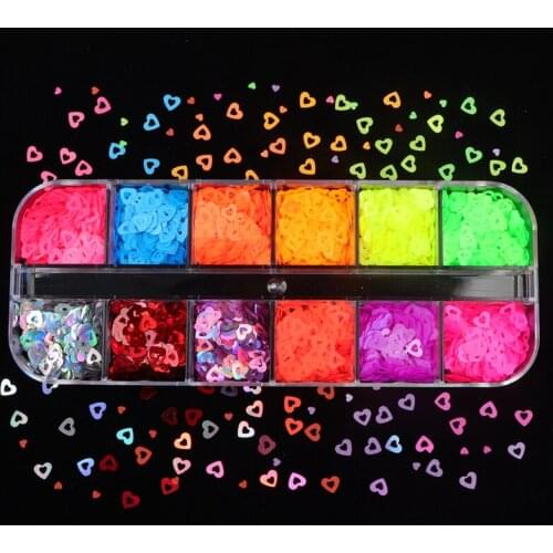 Fluorescence Sparkly Glitter Hollow Heart Sequins For Nail Design 3D Flakes Polish Manicure Valentines Day Nail Art Accessories