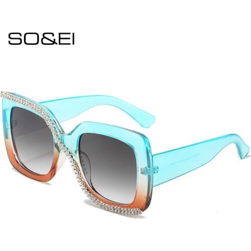 SO&EI Fashion Oversize Square Luxury Diamond Sunglasses Women Vintage Rhinestones Gradient Eyewear Men Shades UV400 Sun Glasses