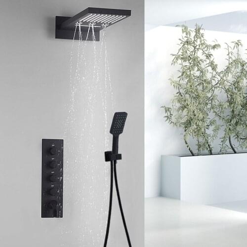Matt Black 4 Functions Shower System Modern Wall Mounted Shower head Rain Waterfall Rotating Water Hot and cold Mixer Valve