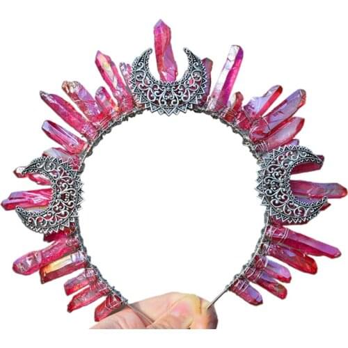 Raw Crystal Quartz Jewelry Tiara Headband Retro Metal Moon Witch Wizard Crown Wedding Bridal Sun Goddess Headdress