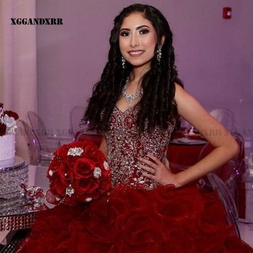 Charming Ball gown Quinceanera dress 2022 Organza Beading Crystal Sequins Ruffles Long Red Sleeveless Sweet 15 16 Birthday Party