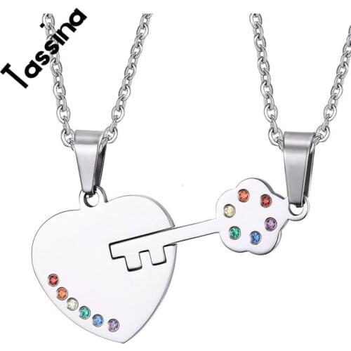 Tassina Couple Lock and Key Necklaces Pendants Stainless Steel Love Pendant For Gay Lesbian Pride Rainbow Pendants TNPPN032