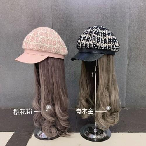 202011-yuchun fashion plaid hat patchwork long False hair lady service Octagonal hat women leisure visors cap