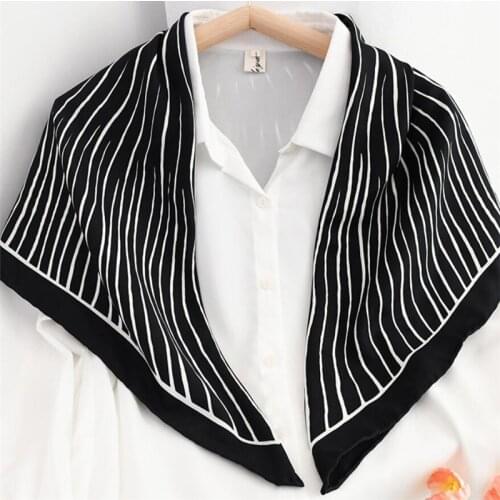 90cm Manual Hand Roll Twill Silk Scarf Women Black&White Strips Curled Square Scarves Echarpes Foulards Femme Wrap Bandana Hijab