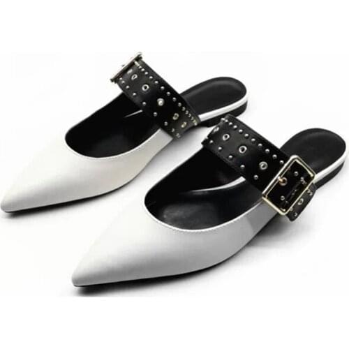 Womens Shoes 2021 New Product Metal Rivet Loops Ladies Pointed Toe Off Heel Muller Flat Slippers