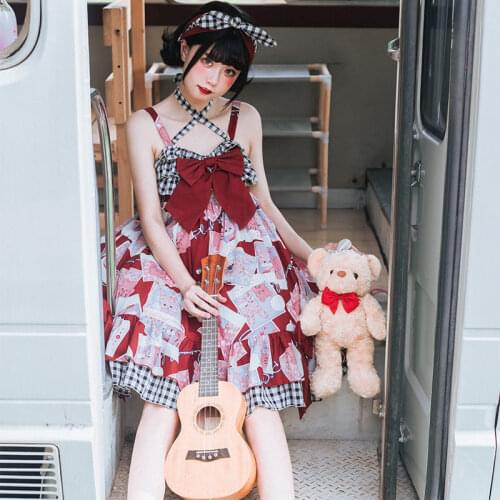 Japanese Kawaii Lolita Heartbeat Memories Print Jsk Sling Bowknot Lolita Sweet Ruffles Plaid Tea Party Dress