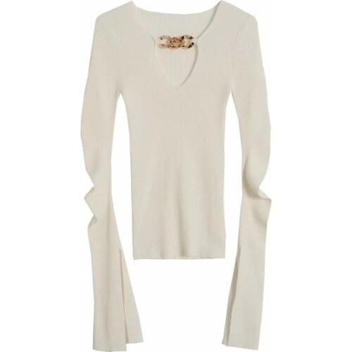 ShesModa Metal Chain Knitted Slit Sweater Womens 2020 New Pullover Top