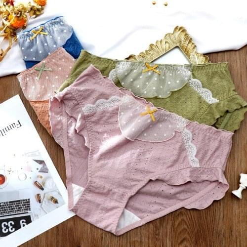 Womens Skin-friendly Intimates Underwear Sexy Lace Bow Girls Briefs Mid Waist Hollow Out Cotton Panties Plue Size 100kg 110