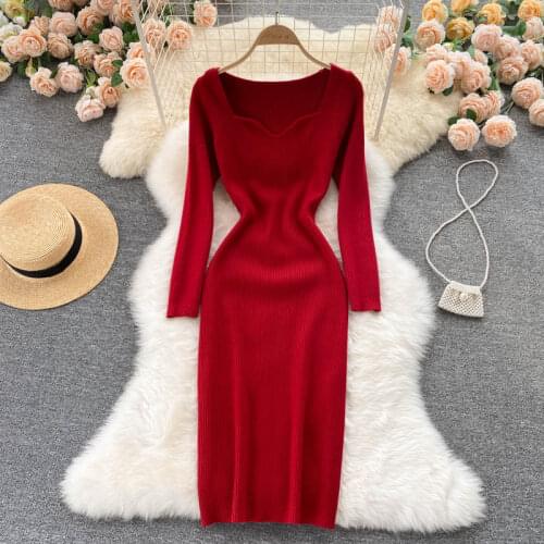 Spring Autumn Womens Dress French Simple Style Square Collar Solid Color Knitted Dress New Female Waist Slim Dresses E011