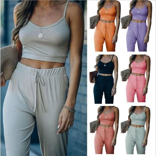 2021 Spring / Summer Woman Solid Color Suspender Knitted Sports Casual Pants Set