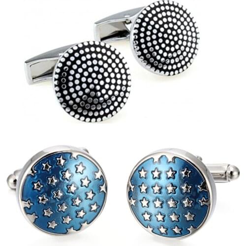 10pairs/lot Copper Enamel Blue Stars Cuff links Silver Round Black Spoty Cufflinks Mens Jewelry Accessory Wholesale