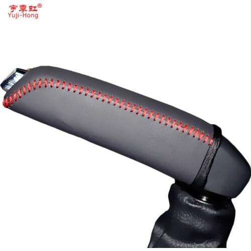 Yuji-Hong Car Handbrake Covers Case for Citroen C4L Auto Cover Genuine Leather Car Styling Handbrake Grips Black/Red thread
