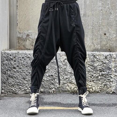 Men Fashion Gothic Harem Pants Japan Streetwear Hip Hop Casual Trousers Male Ribbons Loose Cross Pant Stage Show Costumes