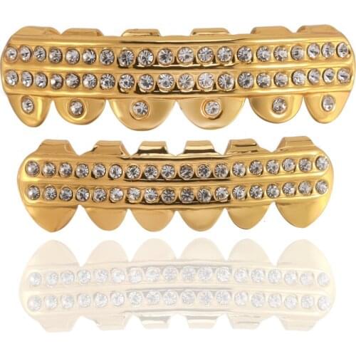 Fashion Hip Hop Teeth Set For Unisex Top Bottom Mouth Gold Color Big Crystal luxurious Tooth Caps Removable Dental Jewelry